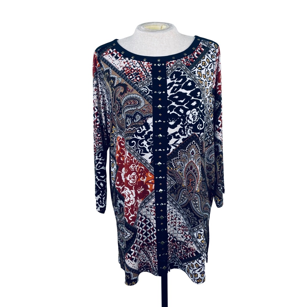 Susan Graver Artisan Mixed Print Studded Tunic Top Paisley Leopard Women's Large